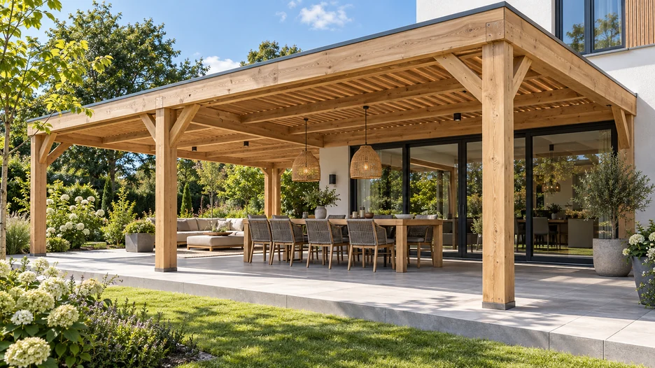 Gran cubierta de madera a medida junto a una vivienda