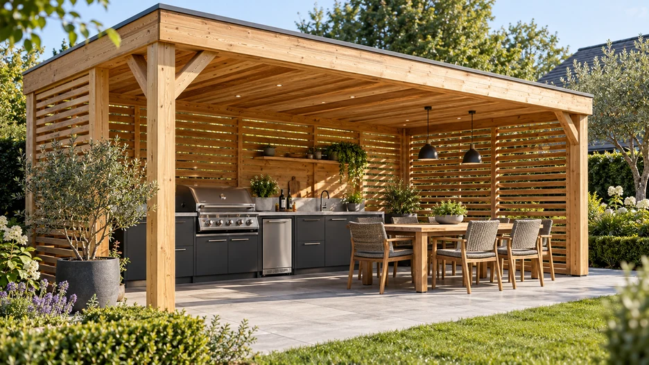 Cocina exterior y zona de comedor de madera a medida