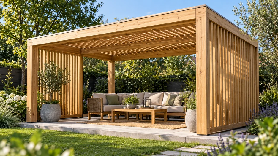 Pérgola de madera a medida con laterales de lamas