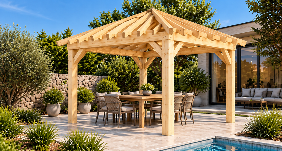 Pérgola Clásica Cubierta a cuatro aguas 3 × 3 m en Natural — sin teñir