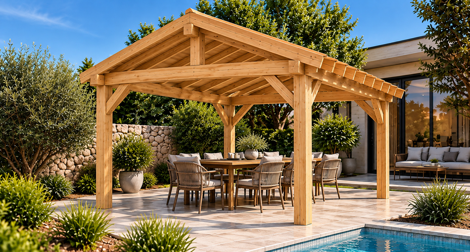 Pérgola Clásica de 3 × 4 m con cubierta a dos aguas en Roble natural