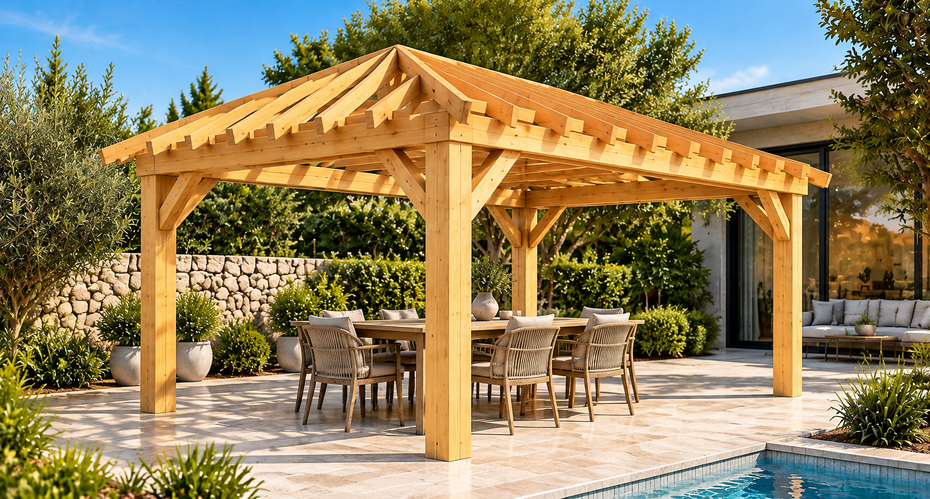 Pérgola Clásica de 3 × 5 m con cubierta a cuatro aguas en Pino nórdico