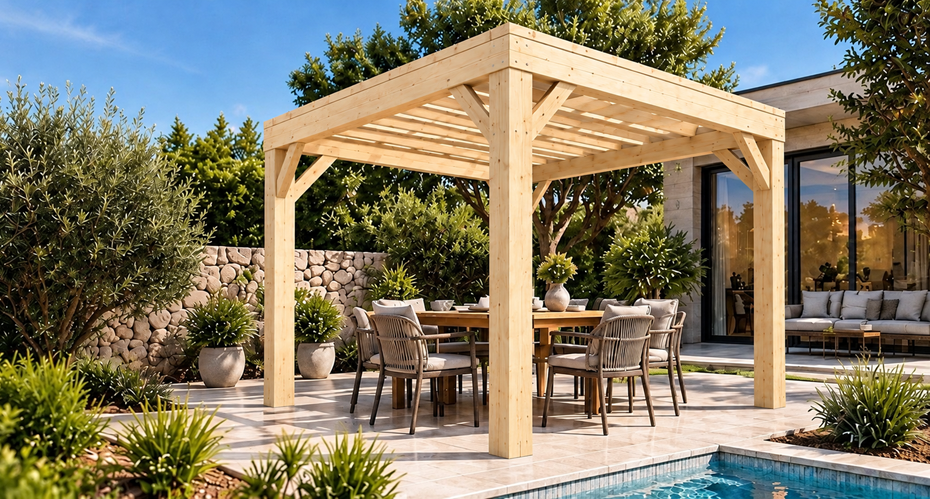 Pérgola Clásica de 4 × 4 m con cubierta plana en Natural — sin teñir