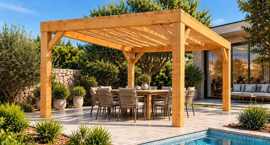 Pérgola Clásica de 4 × 5 m con cubierta plana en Pino nórdico